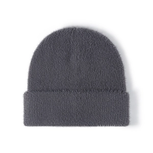 Plush dark grey knit beanie for men and women made of soft feather yarn for winter warmth