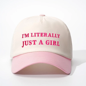Vintage baseball cap with 'I'M LITERALLY JUST A GIRL' embroidery and pink brim