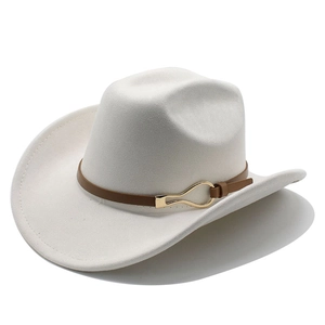 Detail of ivory wool felt western cowboy hat with brown leather band and gold buckle