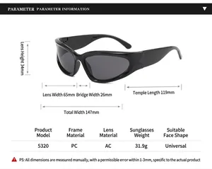 Y2K silver square sunglasses with PC frame and AC lenses showing full dimensions