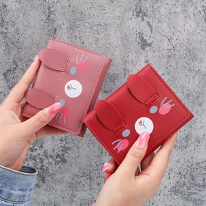 Cute cartoon rabbit bifold PU leather wallet for women in pink and red colors