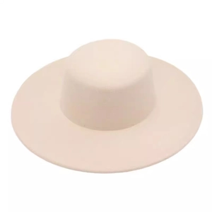 Elegant beige wide brim flat top wool felt hat for women in classic French style