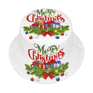 White Christmas bucket hat with festive Merry Christmas print and colorful gift patterns