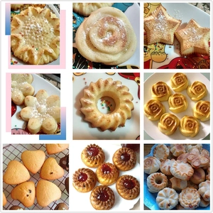 Non-stick carbon steel baking molds in assorted flower and heart shapes for mini cakes