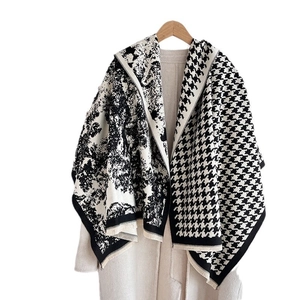 Ink painting and houndstooth cashmere feel scarf with fringe, elegant black and white shawl