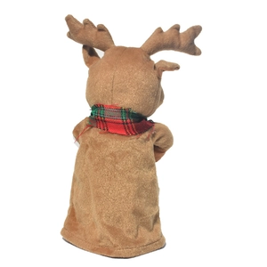 Rotating musical Christmas reindeer plush with red plaid scarf on a white background
