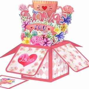 3D butterfly and flowers pop-up greeting card with LOVE YOU message for Valentine's Day