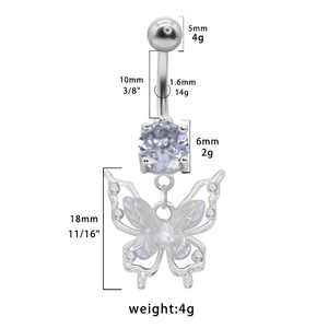 Piercing de nombril papillon argenté avec zircons et mesures de taille précises