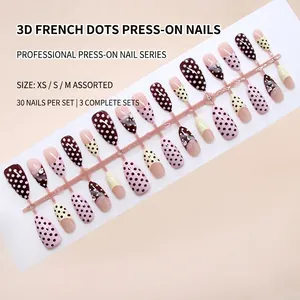 Uñas Postizas Press On French Tip Polka Dot Flor 3D Plástico ABS Moda Diamantes De Imitación Para Mujeres