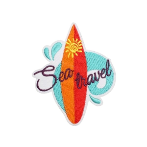 Colorful sea travel embroidery patch with surfboard and ocean wave design on white backdrop