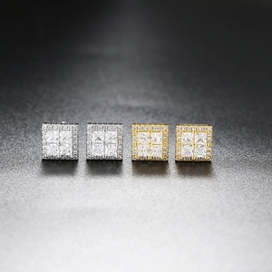 Hip hop square zircon stud earrings in silver and gold plating with micro-pave setting