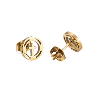 Minimalist gold metal cross stud earrings with openwork design on a white background
