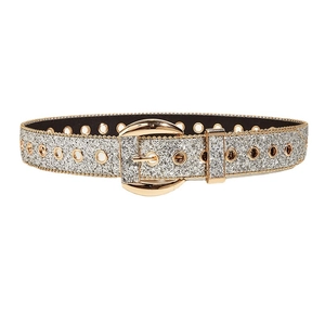 Sparkly rhinestone belt with golden horseshoe buckle and glitter finish for women
