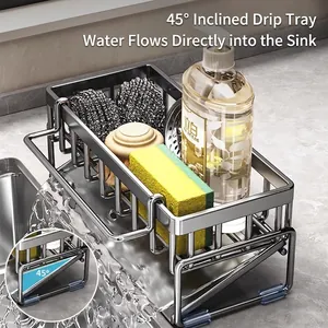 Modern stainless steel kitchen sink caddy with a 45-degree sloping self-drainage tray