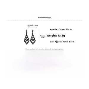 Detail showing black tassel earrings specifications with copper and zircon materials