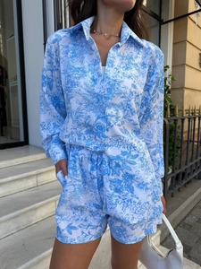 Women's casual blue floral long sleeve pajama set with shorts in light cotton fabric