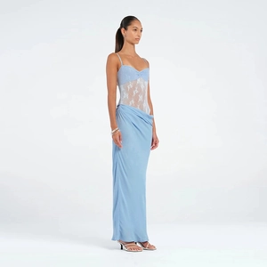Elegant light blue maxi dress with sheer lace bodice and high waist stylish silhouette