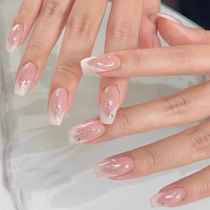 Press On Nails Pink White Gradient Silver Glitter Rhinestone French Tip Coffin Ballerina Shape False Nails Long For Women