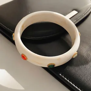 Vintage Acrylic Resin Bangle Bracelet For Women With Colorful Rhinestone Inset Marble Pattern Retro Ethnic Jewelry