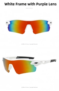 Detail of white semi-rimless cycling sunglasses with colorful iridescent lenses