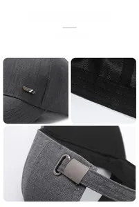 Detail view of grey business baseball cap with adjustable metal strap and textile texture