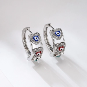 Silver evil eye heart hoop earrings with sparkling zircon micro-pave and enamel details
