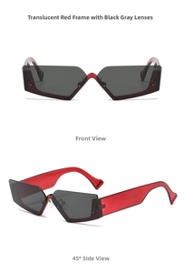 Detailed views of red translucent geometric frame sunglasses with dark grey lenses