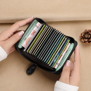 Black woven leather card holder with large capacity and RFID protection for women