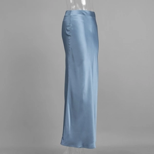 Detail view of the elegant light blue satin skirt with smooth silk texture and drape