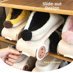 Detail showing sliding mechanism of beige adjustable double-layer shoe storage rack