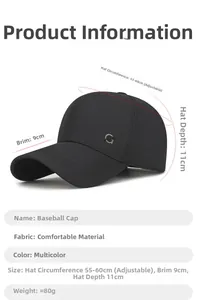 Detail view of adjustable black baseball cap with 55-60cm circumference and metal logo