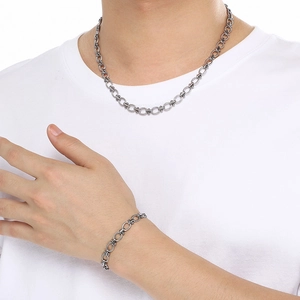 Unisex stainless steel oval clip chain necklace and bracelet set in vintage silver finish