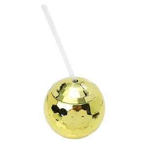 Golden disco ball cup with straw, featuring reflective hexagonal facets on white background