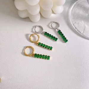 Square bar tassel earrings with green oval zircon pendants in gold and silver finish