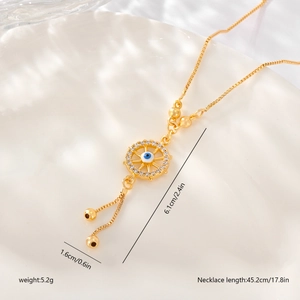 Detailed view of evil eye necklace with dimensions in inches and weight in grams