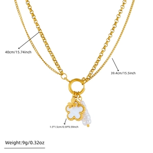 Double-layered gold stainless steel necklace with mother of pearl flower and baroque pearl