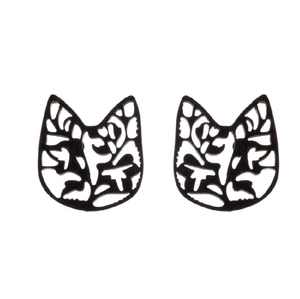 Fashionable black hollow cat head stud earrings with intricate floral pattern on white background