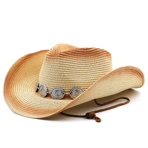 Handgewebter Western-Strohhut mit Sonnenblumen-Metallverzierung und verstellbarem Kinnriemen