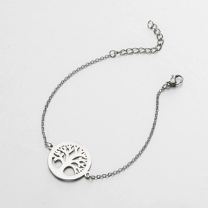 Minimalist silver tree of life charm bracelet with feather detail and adjustable chain link