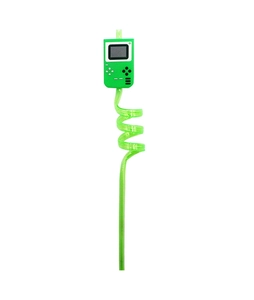 Detail of a green spiral reusable straw featuring a classic game console charm accessory