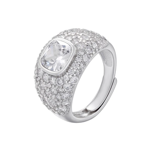 Macro shot of silver ring featuring a large square white zircon and pave-set accents