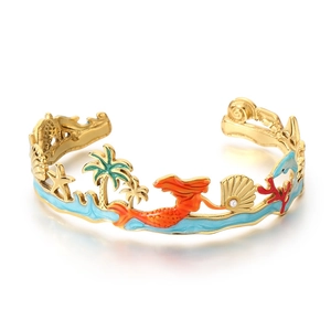 Adjustable gold stainless steel ocean bracelet with coconut tree, starfish and dolphin