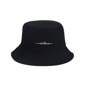 Minimalist black bucket hat with white 'whatever' embroidery on high-quality twill cotton