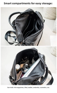 Detail view of large capacity black leather backpack with multiple inner compartments