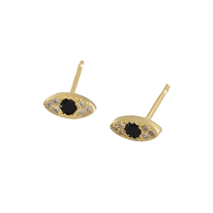18k gold plated evil eye stud earrings with black center stone and clear crystal accents