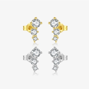 925 Sterling Silver Zirconia Geometric Stud Earrings For Women Minimalist Curved Three Stone Banquet Fashion Jewelry