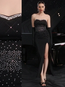 Elegant black strapless evening gown with silver rhinestones and high side slit