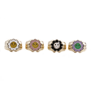 Enamel Smiley Face Flower Adjustable Ring Gold Plated Copper Floral Open Finger Jewelry For Women Cute Fashion