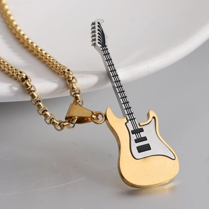 Guitar Pendant Necklace Stainless Steel Hip Hop Street Wear Music Style Rock Punk Jewelry For Men