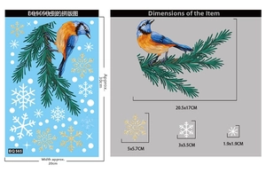 Detailed view of Christmas window decals with bird, pine branch and snowflake dimensions